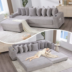 English Elm [new Arrived] Corduroy Modular Sectional Sofa with Sleeper Function Footstool and Cup Holders Light Gray W2108S00130