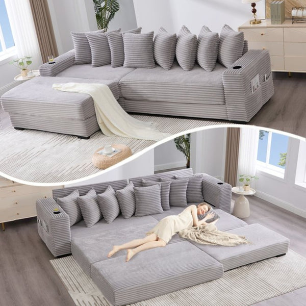 English Elm [new Arrived] Corduroy Modular Sectional Sofa with Sleeper Function Footstool and Cup Holders Light Gray W2108S00130