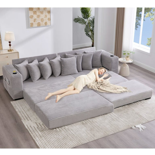 English Elm [new Arrived] Corduroy Modular Sectional Sofa with Sleeper Function Footstool and Cup Holders Light Gray W2108S00130
