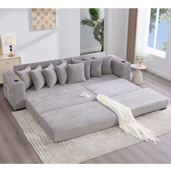 English Elm [new Arrived] Corduroy Modular Sectional Sofa with Sleeper Function Footstool and Cup Holders Light Gray W2108S00130