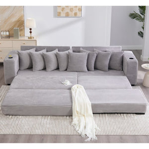 English Elm [new Arrived] Corduroy Modular Sectional Sofa with Sleeper Function Footstool and Cup Holders Light Gray W2108S00130