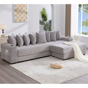 English Elm [new Arrived] Corduroy Modular Sectional Sofa with Sleeper Function Footstool and Cup Holders Light Gray W2108S00130