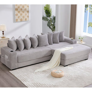English Elm [new Arrived] Corduroy Modular Sectional Sofa with Sleeper Function Footstool and Cup Holders Light Gray W2108S00130