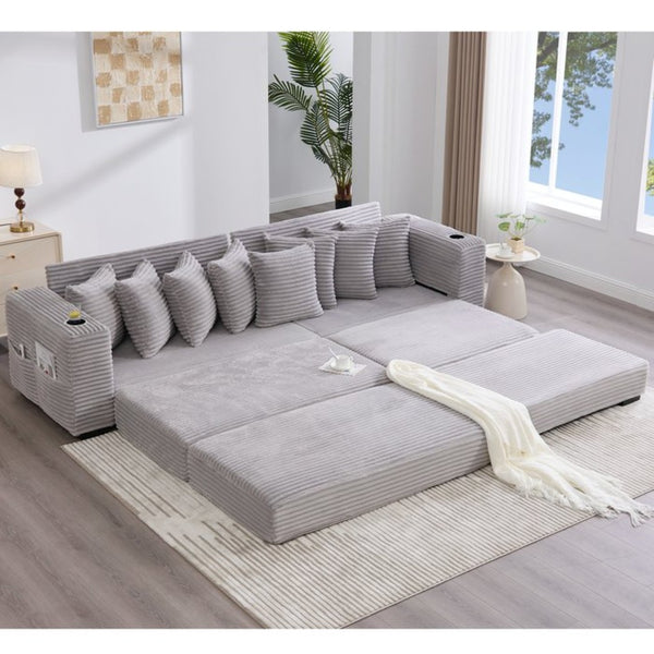 English Elm [new Arrived] Corduroy Modular Sectional Sofa with Sleeper Function Footstool and Cup Holders Light Gray W2108S00130