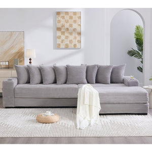 English Elm [new Arrived] Corduroy Modular Sectional Sofa with Sleeper Function Footstool and Cup Holders Light Gray W2108S00130