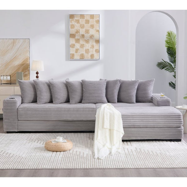 English Elm [new Arrived] Corduroy Modular Sectional Sofa with Sleeper Function Footstool and Cup Holders Light Gray W2108S00130