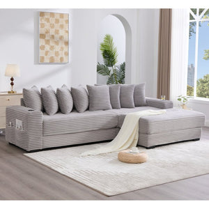 English Elm [new Arrived] Corduroy Modular Sectional Sofa with Sleeper Function Footstool and Cup Holders Light Gray W2108S00130