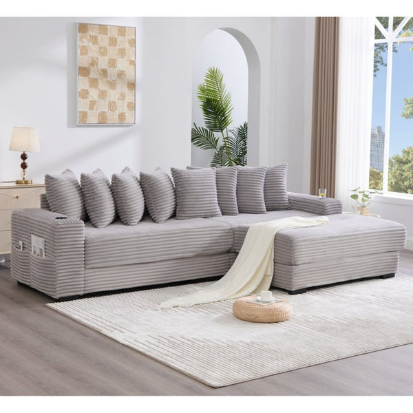 English Elm [new Arrived] Corduroy Modular Sectional Sofa with Sleeper Function Footstool and Cup Holders Light Gray W2108S00130