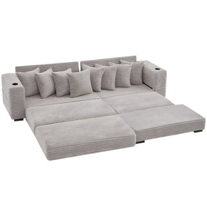English Elm [new Arrived] Corduroy Modular Sectional Sofa with Sleeper Function Footstool and Cup Holders Light Gray W2108S00130