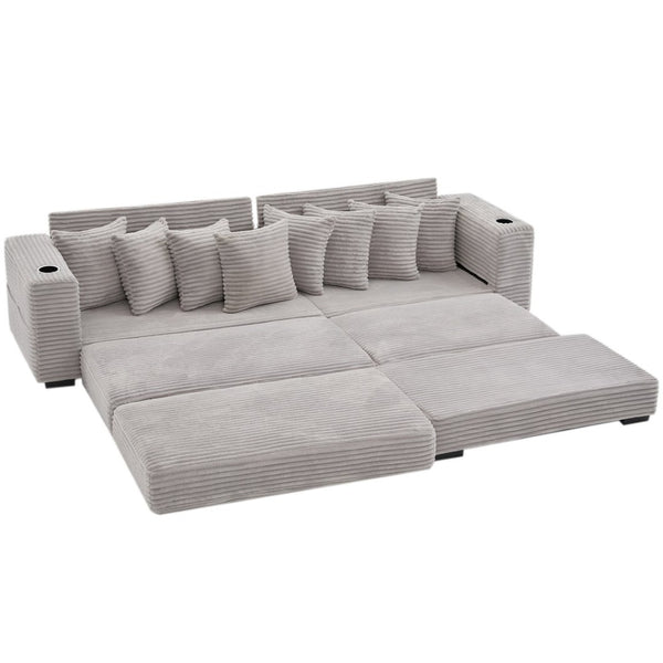 English Elm [new Arrived] Corduroy Modular Sectional Sofa with Sleeper Function Footstool and Cup Holders Light Gray W2108S00130