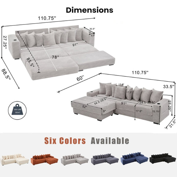 English Elm [new Arrived] Corduroy Modular Sectional Sofa with Sleeper Function Footstool and Cup Holders Light Gray W2108S00130