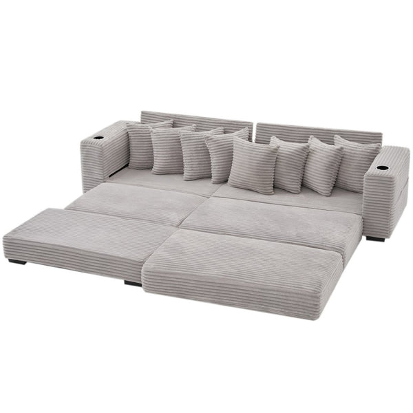English Elm [new Arrived] Corduroy Modular Sectional Sofa with Sleeper Function Footstool and Cup Holders Light Gray W2108S00130