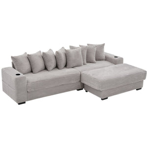 English Elm [new Arrived] Corduroy Modular Sectional Sofa with Sleeper Function Footstool and Cup Holders Light Gray W2108S00130