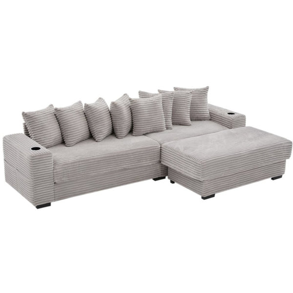 English Elm [new Arrived] Corduroy Modular Sectional Sofa with Sleeper Function Footstool and Cup Holders Light Gray W2108S00130