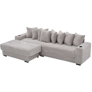 English Elm [new Arrived] Corduroy Modular Sectional Sofa with Sleeper Function Footstool and Cup Holders Light Gray W2108S00130
