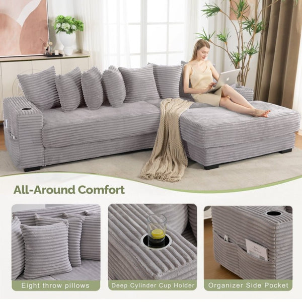 English Elm [new Arrived] Corduroy Modular Sectional Sofa with Sleeper Function Footstool and Cup Holders Light Gray W2108S00130