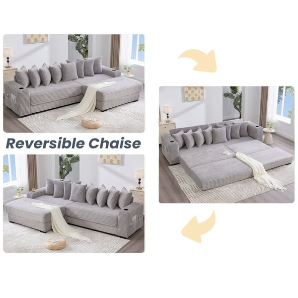 English Elm [new Arrived] Corduroy Modular Sectional Sofa with Sleeper Function Footstool and Cup Holders Light Gray W2108S00130