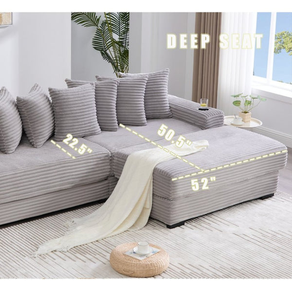 English Elm [new Arrived] Corduroy Modular Sectional Sofa with Sleeper Function Footstool and Cup Holders Light Gray W2108S00130