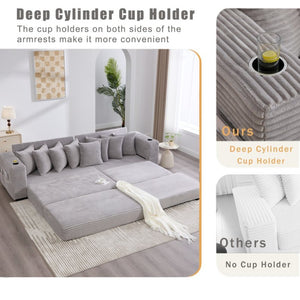 English Elm [new Arrived] Corduroy Modular Sectional Sofa with Sleeper Function Footstool and Cup Holders Light Gray W2108S00130