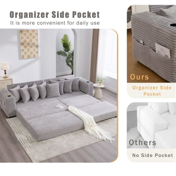 English Elm [new Arrived] Corduroy Modular Sectional Sofa with Sleeper Function Footstool and Cup Holders Light Gray W2108S00130