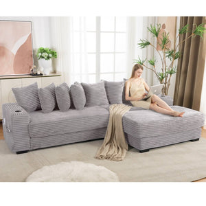English Elm [new Arrived] Corduroy Modular Sectional Sofa with Sleeper Function Footstool and Cup Holders Light Gray W2108S00130