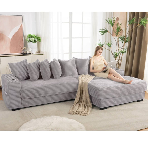 English Elm [new Arrived] Corduroy Modular Sectional Sofa with Sleeper Function Footstool and Cup Holders Light Gray W2108S00130