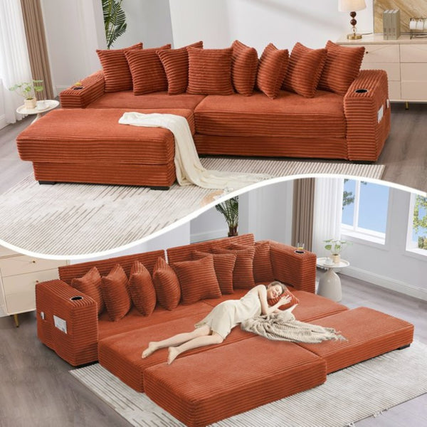English Elm [new Arrived] Corduroy Modular Sectional Sofa with Sleeper Function Footstool and Cup Holders Orange W2108S00131