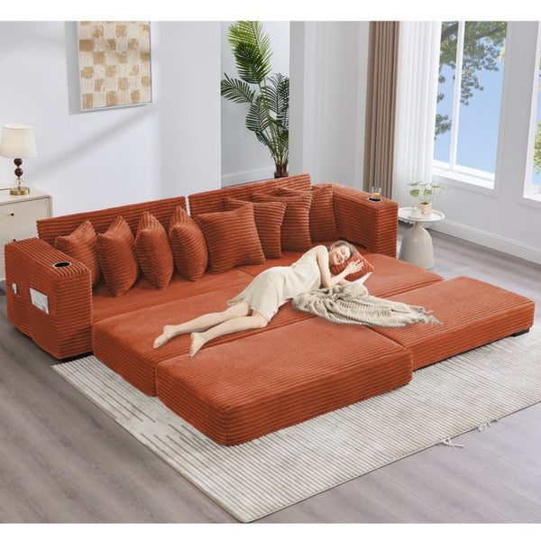 English Elm [new Arrived] Corduroy Modular Sectional Sofa with Sleeper Function Footstool and Cup Holders Orange W2108S00131