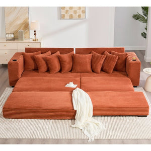 English Elm [new Arrived] Corduroy Modular Sectional Sofa with Sleeper Function Footstool and Cup Holders Orange W2108S00131