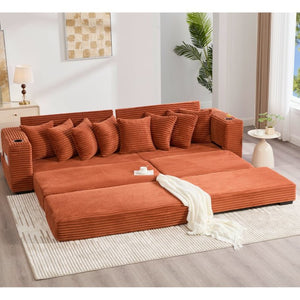 English Elm [new Arrived] Corduroy Modular Sectional Sofa with Sleeper Function Footstool and Cup Holders Orange W2108S00131