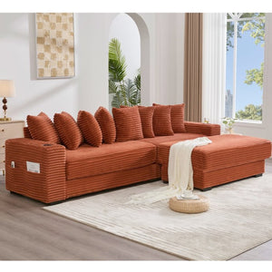 English Elm [new Arrived] Corduroy Modular Sectional Sofa with Sleeper Function Footstool and Cup Holders Orange W2108S00131