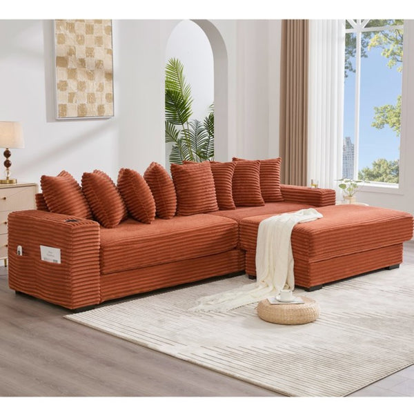 English Elm [new Arrived] Corduroy Modular Sectional Sofa with Sleeper Function Footstool and Cup Holders Orange W2108S00131