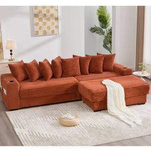 English Elm [new Arrived] Corduroy Modular Sectional Sofa with Sleeper Function Footstool and Cup Holders Orange W2108S00131
