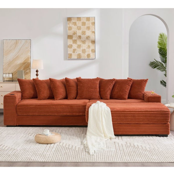 English Elm [new Arrived] Corduroy Modular Sectional Sofa with Sleeper Function Footstool and Cup Holders Orange W2108S00131
