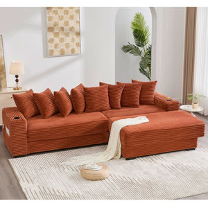 English Elm [new Arrived] Corduroy Modular Sectional Sofa with Sleeper Function Footstool and Cup Holders Orange W2108S00131