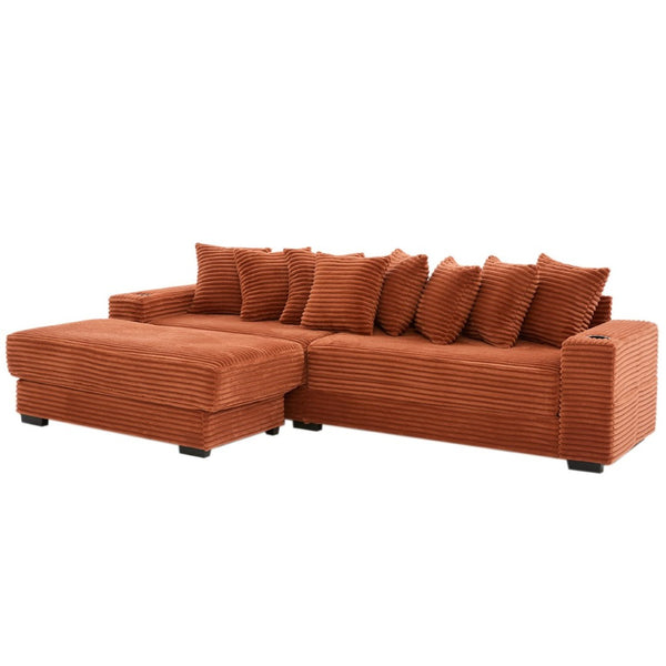 English Elm [new Arrived] Corduroy Modular Sectional Sofa with Sleeper Function Footstool and Cup Holders Orange W2108S00131