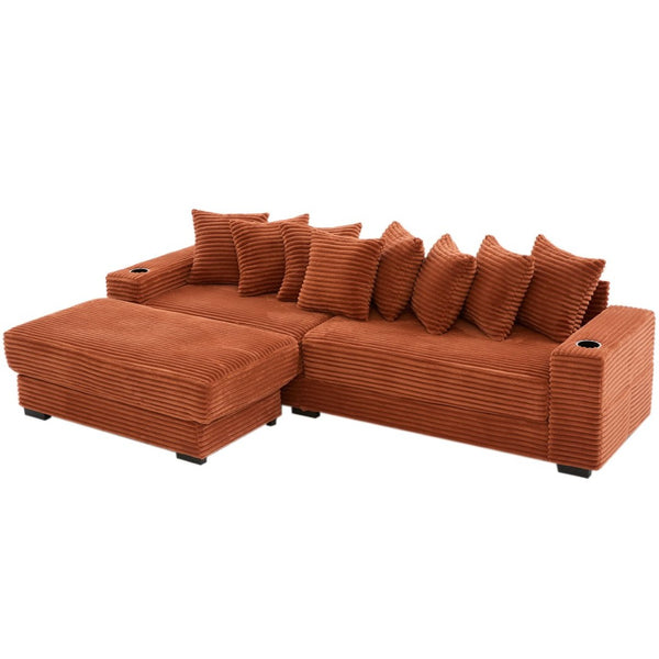 English Elm [new Arrived] Corduroy Modular Sectional Sofa with Sleeper Function Footstool and Cup Holders Orange W2108S00131