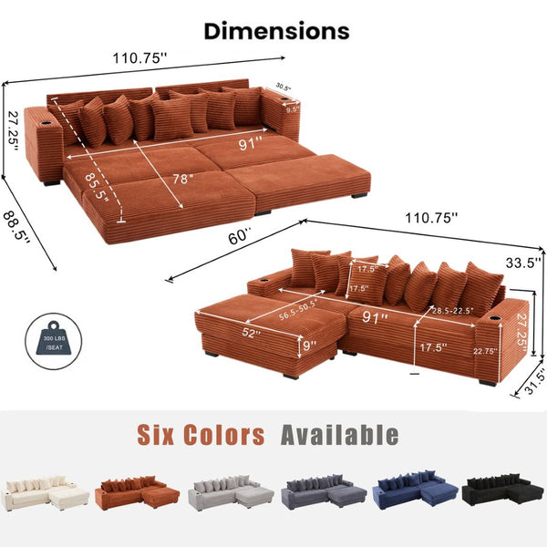 English Elm [new Arrived] Corduroy Modular Sectional Sofa with Sleeper Function Footstool and Cup Holders Orange W2108S00131