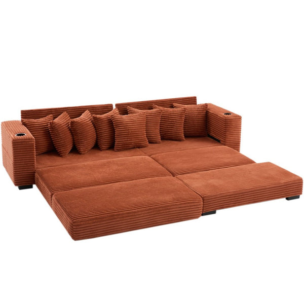 English Elm [new Arrived] Corduroy Modular Sectional Sofa with Sleeper Function Footstool and Cup Holders Orange W2108S00131