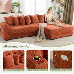 English Elm [new Arrived] Corduroy Modular Sectional Sofa with Sleeper Function Footstool and Cup Holders Orange W2108S00131