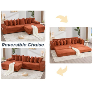 English Elm [new Arrived] Corduroy Modular Sectional Sofa with Sleeper Function Footstool and Cup Holders Orange W2108S00131