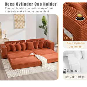 English Elm [new Arrived] Corduroy Modular Sectional Sofa with Sleeper Function Footstool and Cup Holders Orange W2108S00131