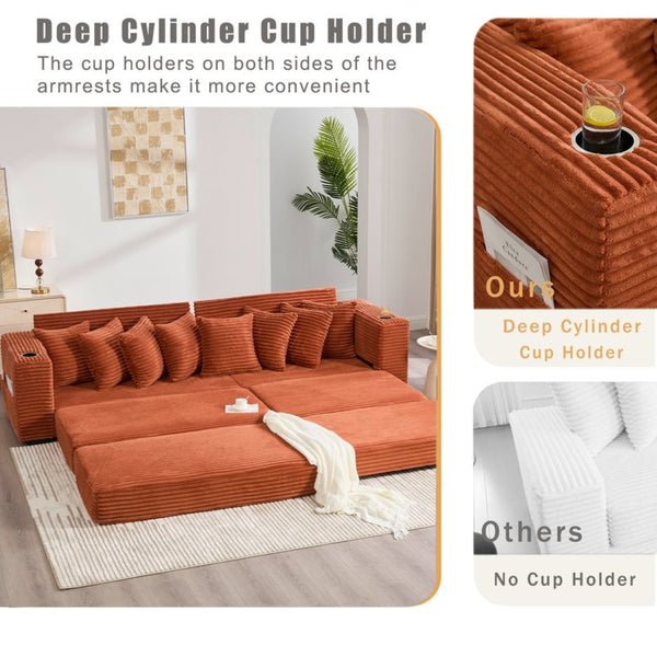 English Elm [new Arrived] Corduroy Modular Sectional Sofa with Sleeper Function Footstool and Cup Holders Orange W2108S00131