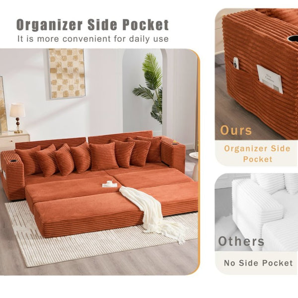 English Elm [new Arrived] Corduroy Modular Sectional Sofa with Sleeper Function Footstool and Cup Holders Orange W2108S00131