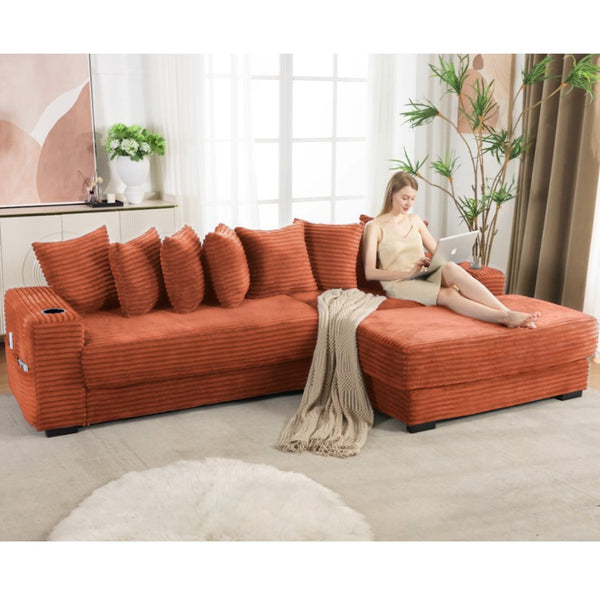English Elm [new Arrived] Corduroy Modular Sectional Sofa with Sleeper Function Footstool and Cup Holders Orange W2108S00131