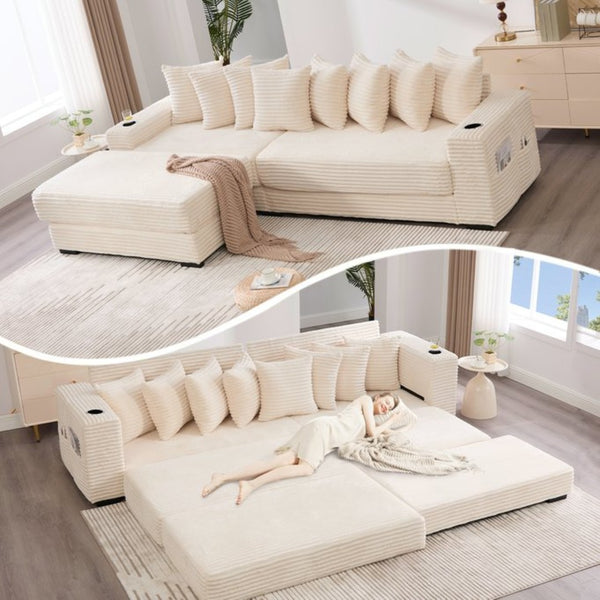 English Elm [new Arrived] Corduroy Modular Sectional Sofa with Sleeper Function Footstool and Cup Holders Beige W2108S00132