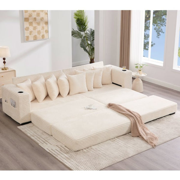 English Elm [new Arrived] Corduroy Modular Sectional Sofa with Sleeper Function Footstool and Cup Holders Beige W2108S00132
