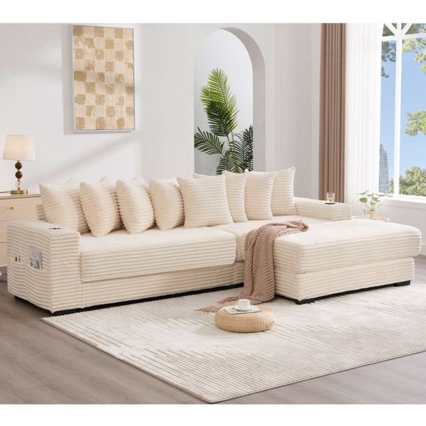 English Elm [new Arrived] Corduroy Modular Sectional Sofa with Sleeper Function Footstool and Cup Holders Beige W2108S00132
