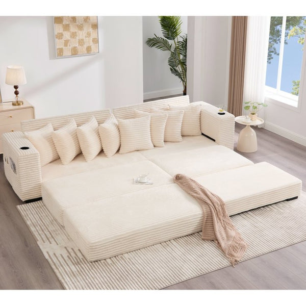 English Elm [new Arrived] Corduroy Modular Sectional Sofa with Sleeper Function Footstool and Cup Holders Beige W2108S00132