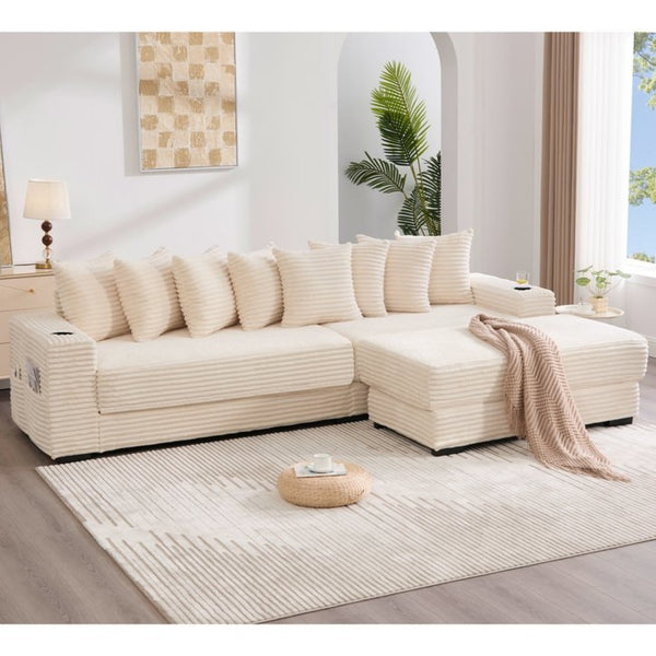 English Elm [new Arrived] Corduroy Modular Sectional Sofa with Sleeper Function Footstool and Cup Holders Beige W2108S00132